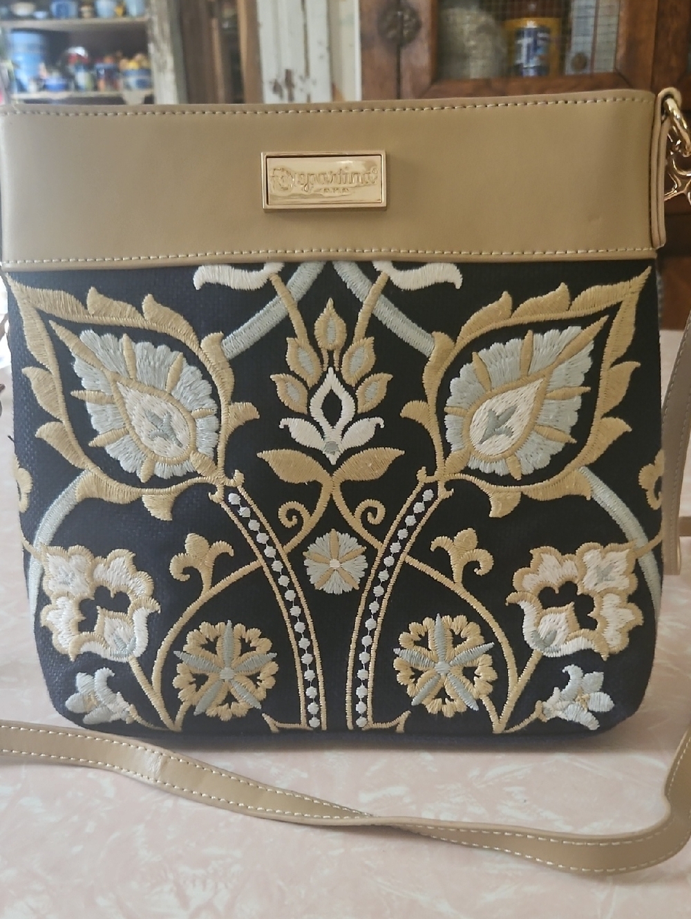 SPARTINA Black Crossbody with Beige & Cream Embroidery adjustable Strap